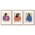 Set of 3 Boho Fashion in Purple and Orange Framed Art Prints with Light Oak Frames