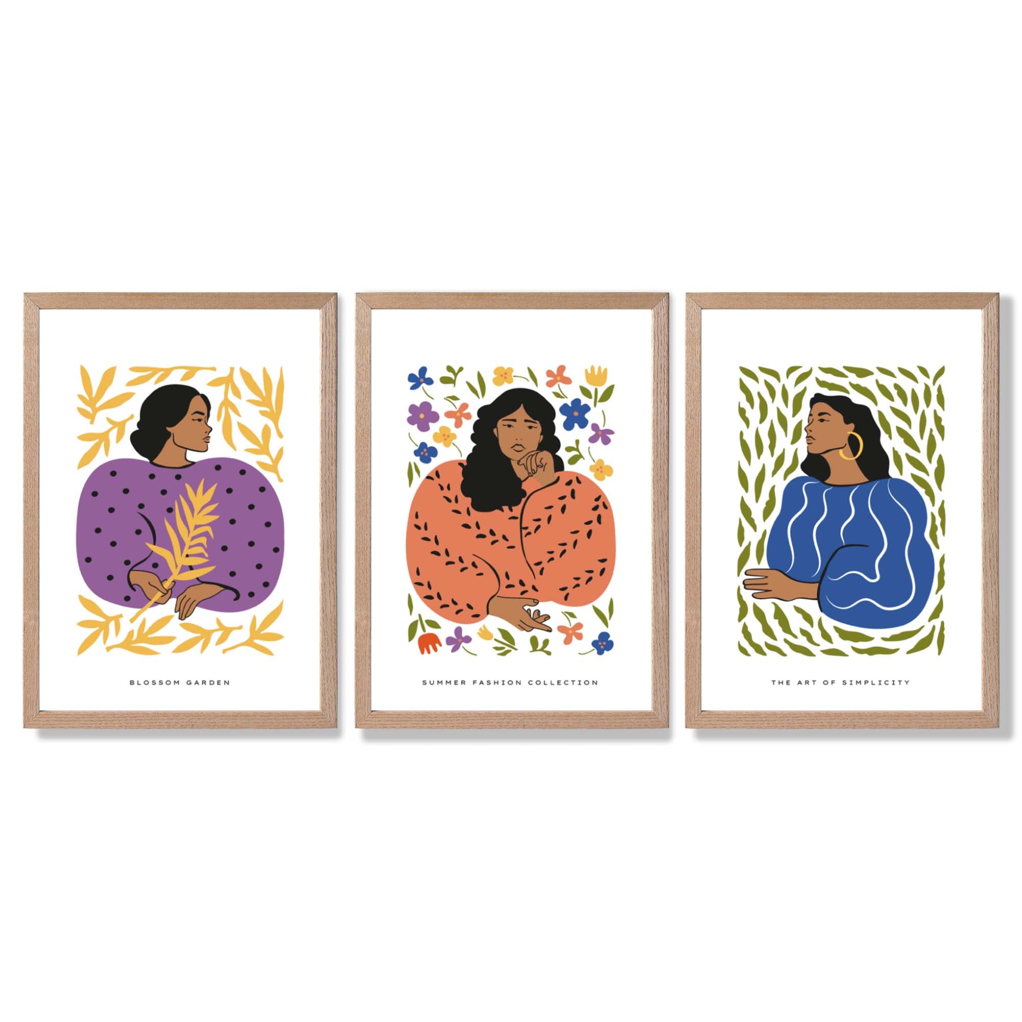 Set of 3 Boho Fashion in Purple and Orange Framed Art Prints with Light Oak Frames