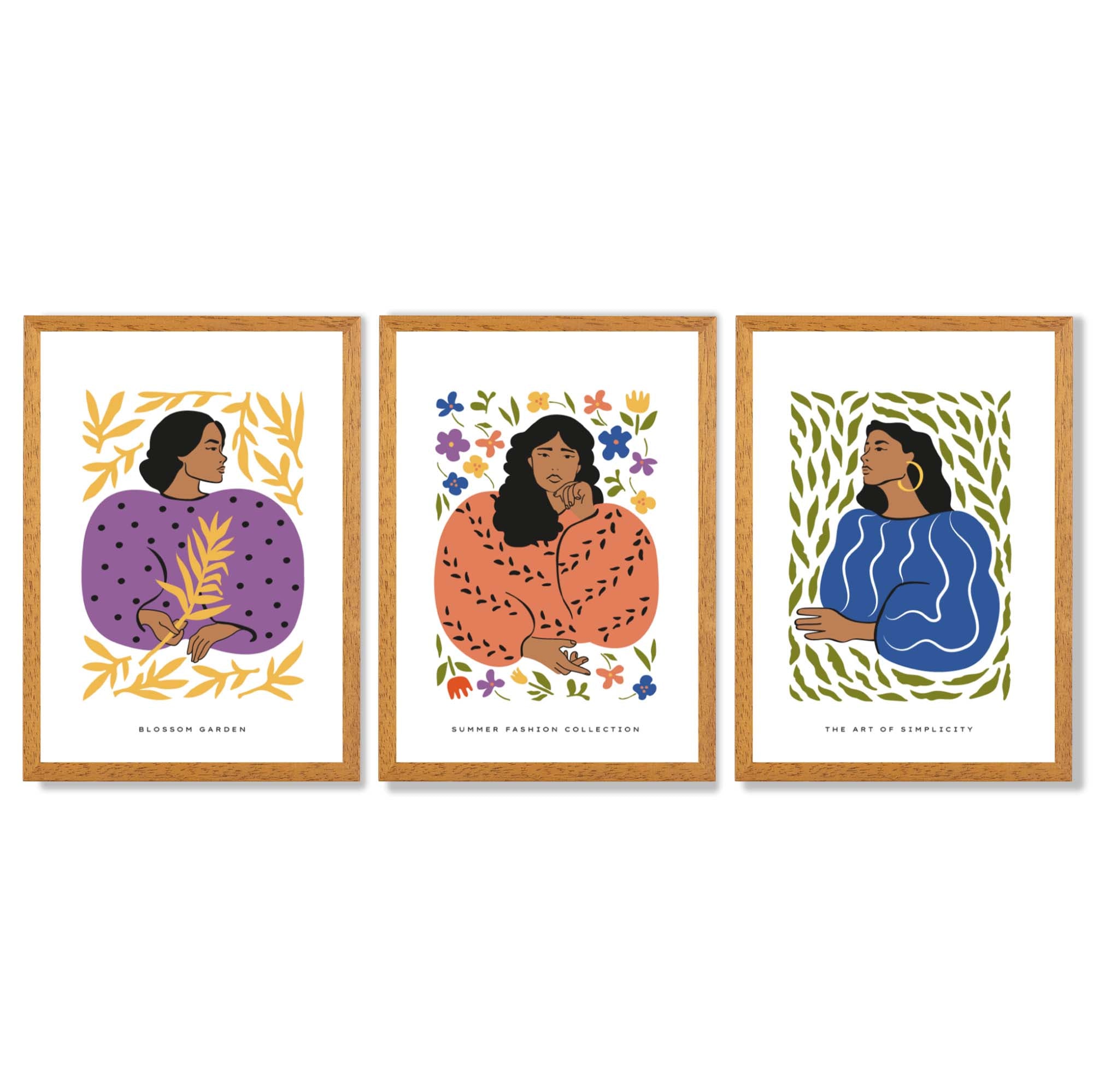 Set of 3 Boho Fashion in Purple and Orange Framed Art Prints with Oak Wooden Frames