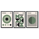 Set of 3 Bauhaus Geometric Circles in Green Framed Art Prints with Black Wooden Frames