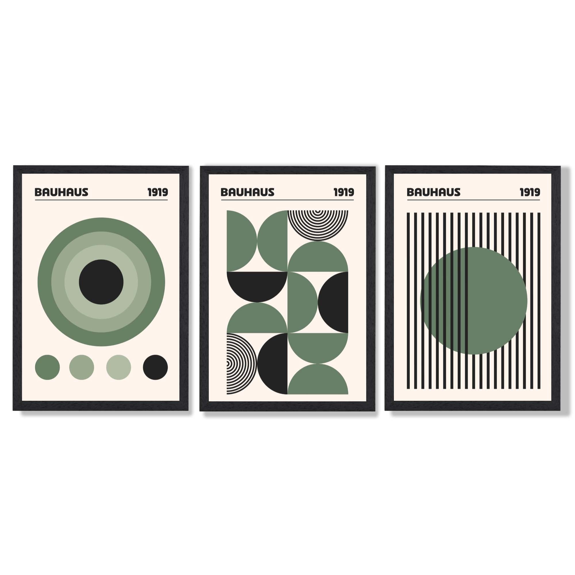 Set of 3 Bauhaus Geometric Circles in Green Framed Art Prints with Black Wooden Frames