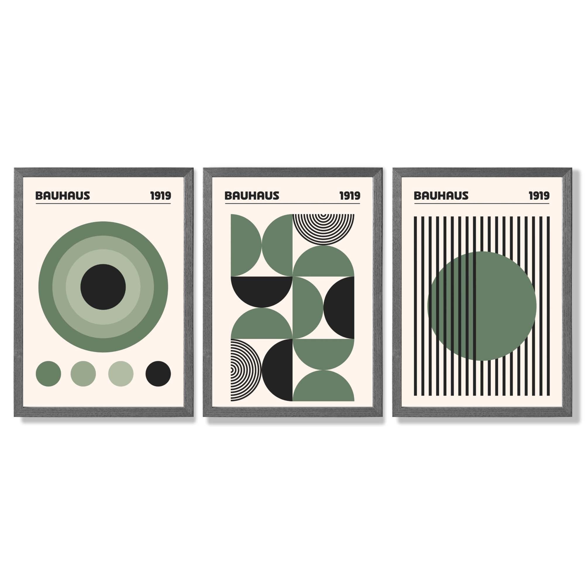Set of 3 Bauhaus Geometric Circles in Green Framed Art Prints with Dark Grey Wooden Frames