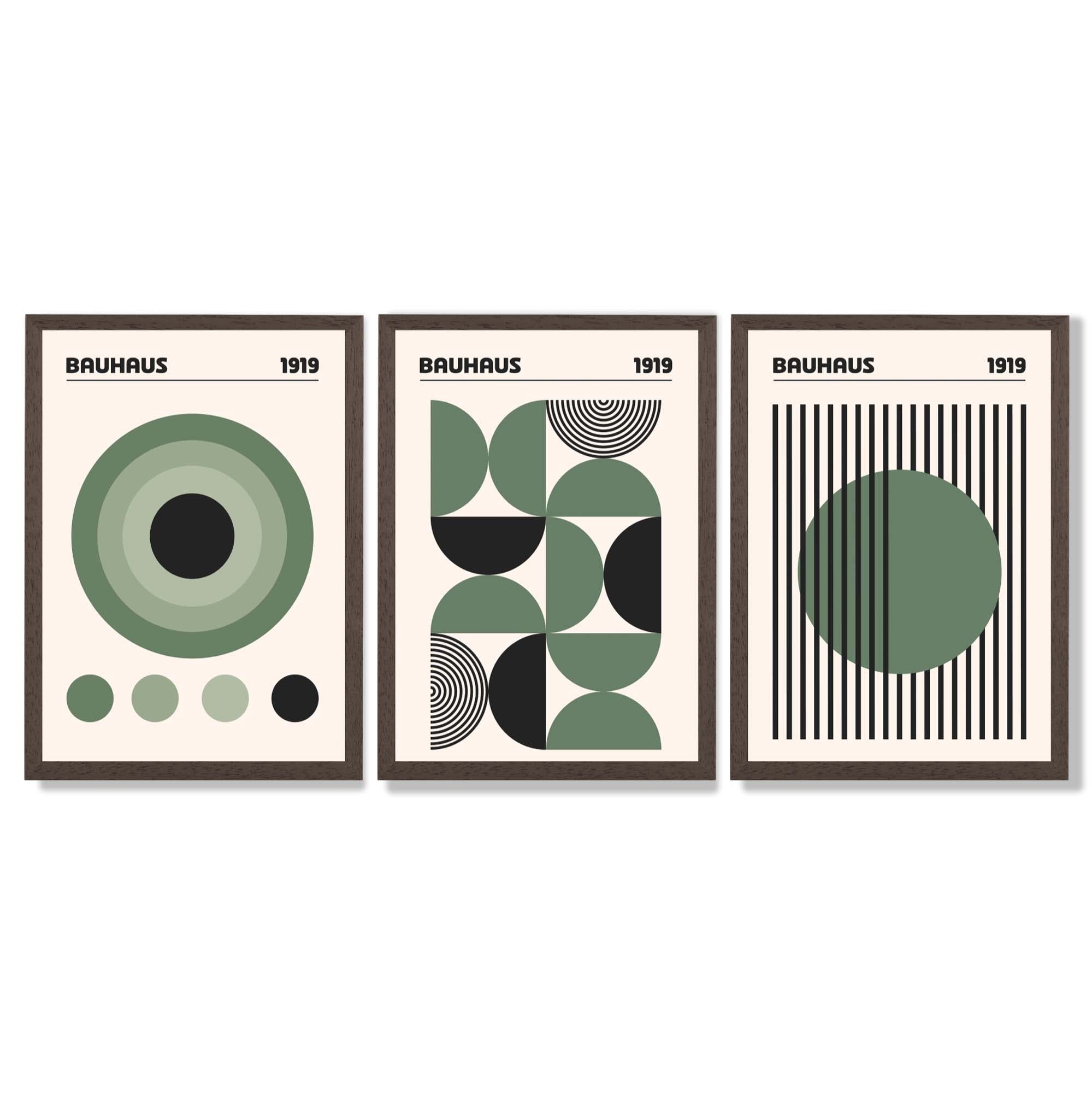 Set of 3 Bauhaus Geometric Circles in Green Framed Art Prints with Dark Wood Frames