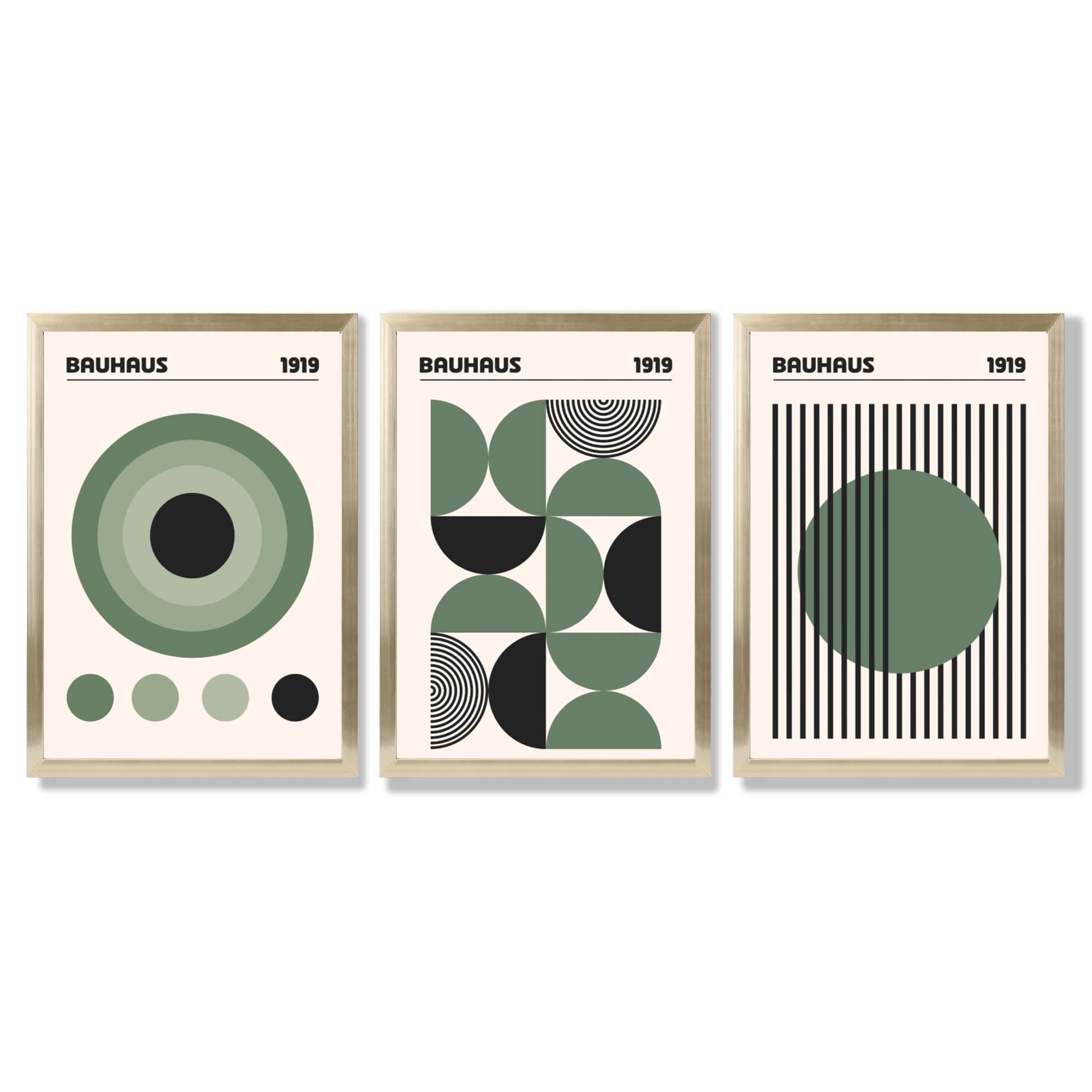 Set of 3 Bauhaus Geometric Circles in Green Framed Art Prints with Gold Wood Frames
