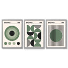 Set of 3 Bauhaus Geometric Circles in Green Framed Art Prints with Light Grey Wooden Frames