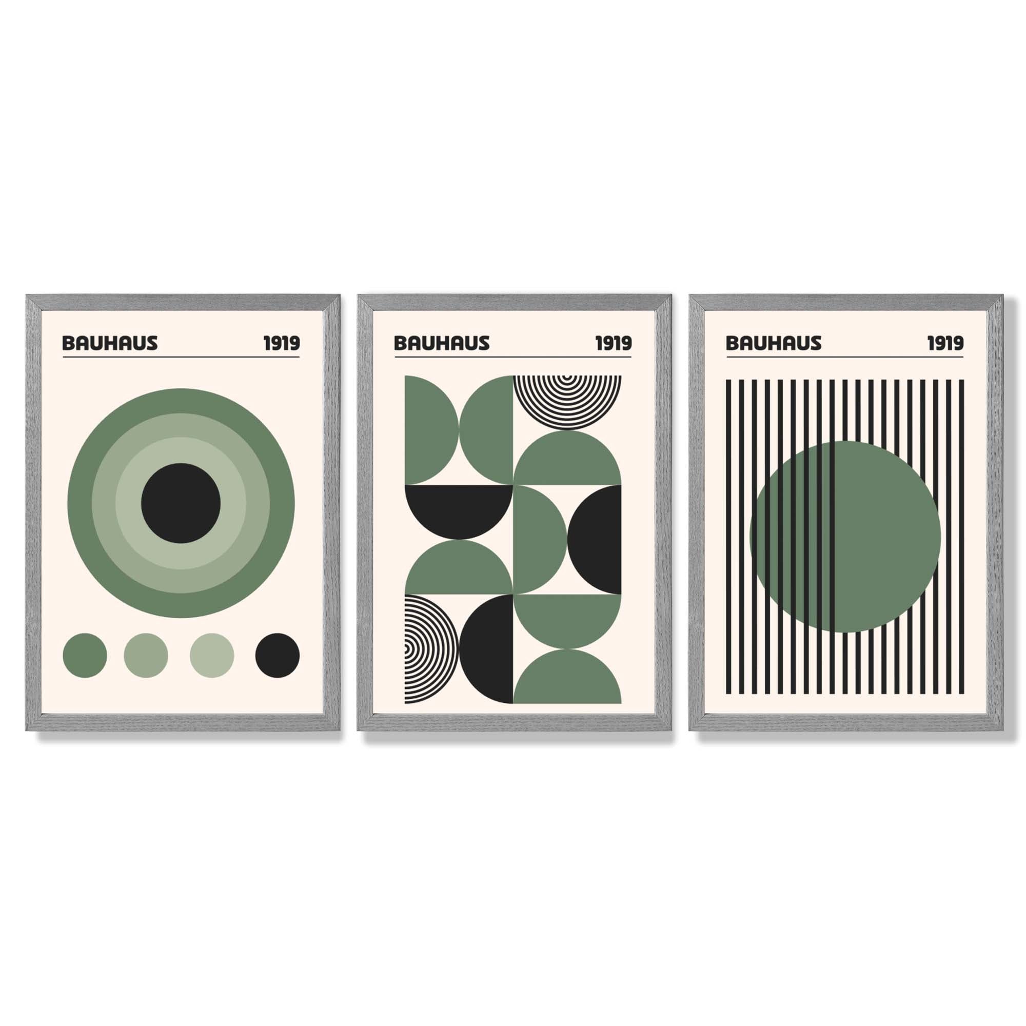 Set of 3 Bauhaus Geometric Circles in Green Framed Art Prints with Light Grey Wooden Frames
