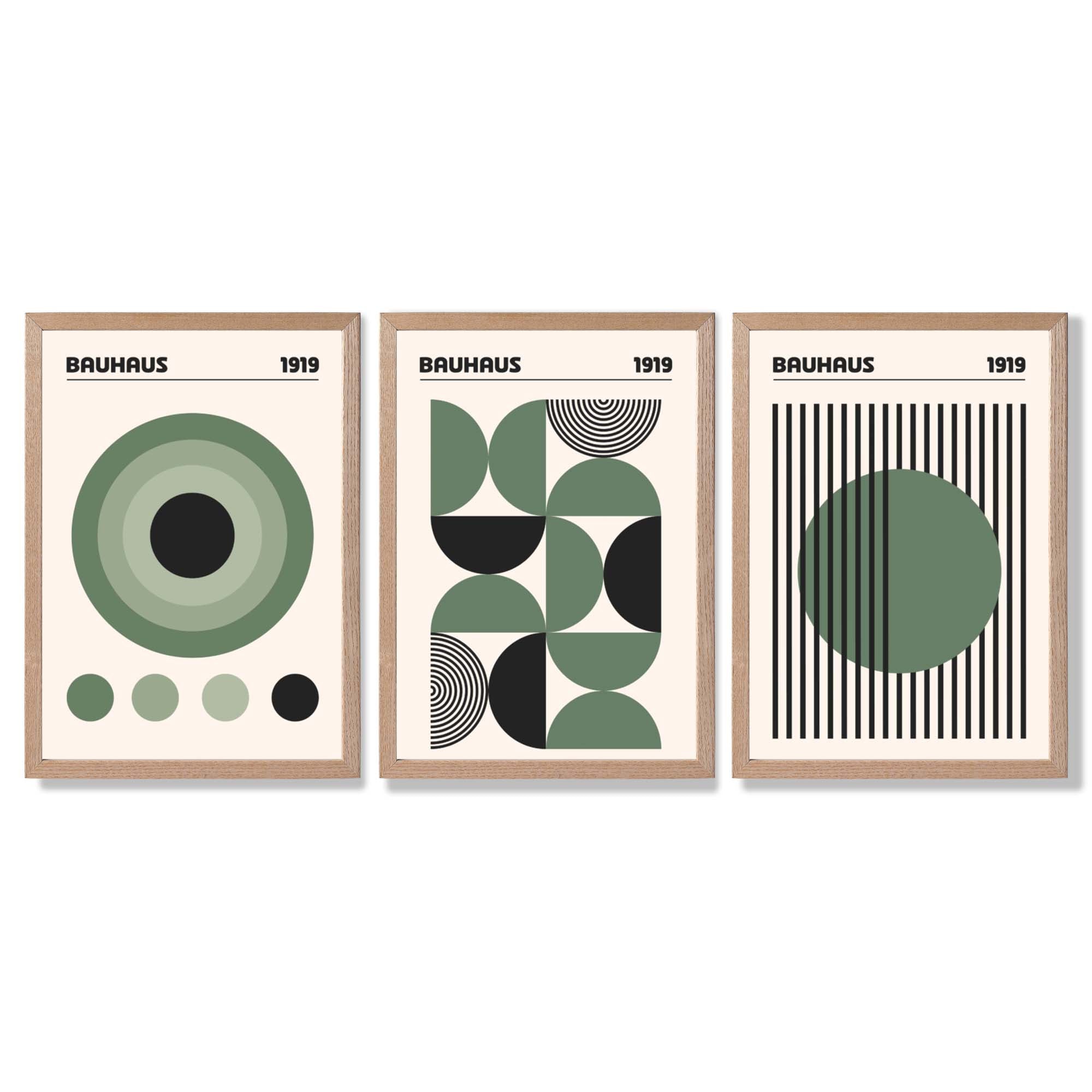 Set of 3 Bauhaus Geometric Circles in Green Framed Art Prints with Light Oak Frames