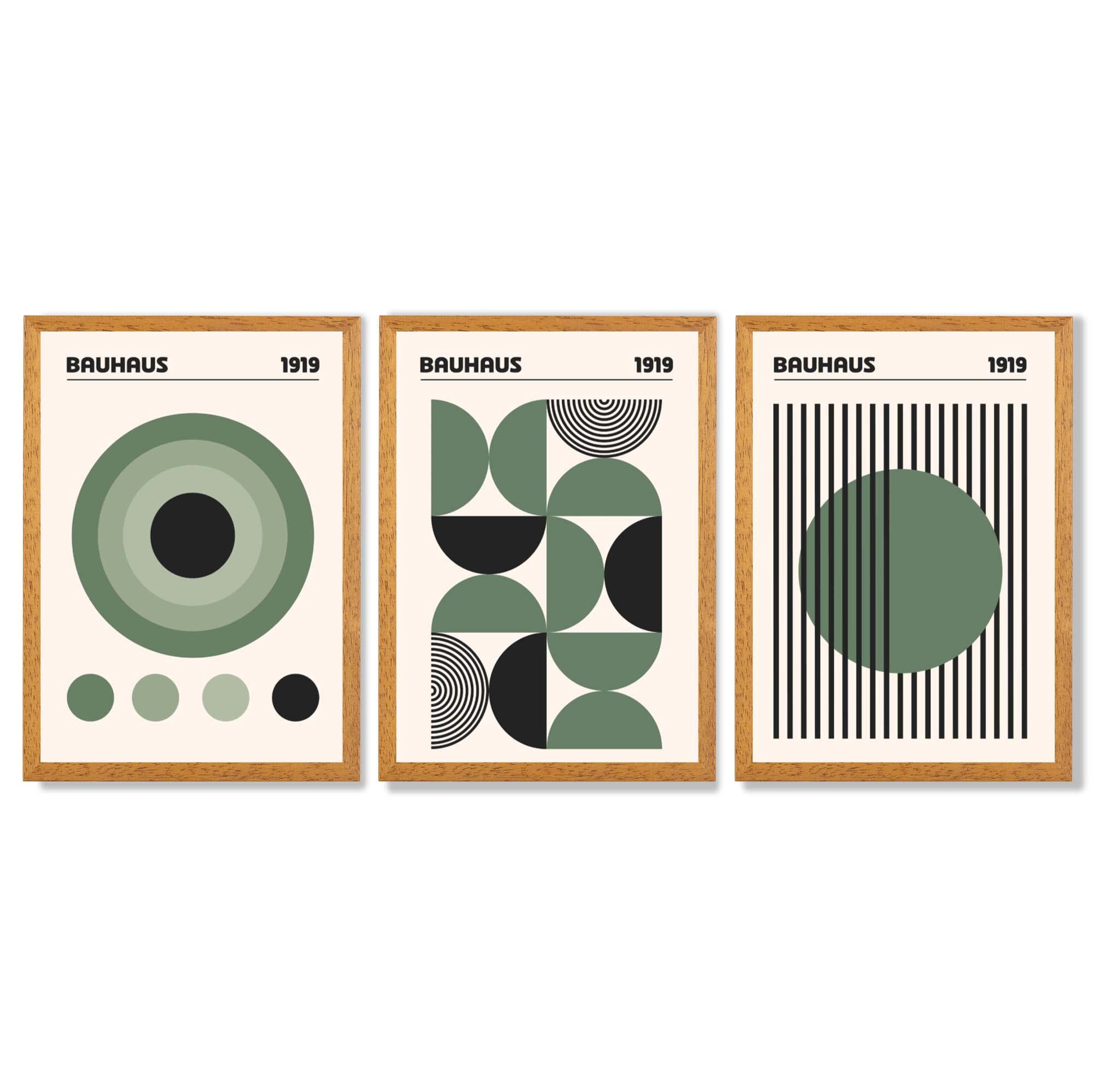 Set of 3 Bauhaus Geometric Circles in Green Framed Art Prints with Oak Wooden Frames