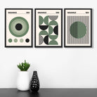 Set of 3 Bauhaus Geometric Circles in Green Art Prints in Black Frames | Artze UK
