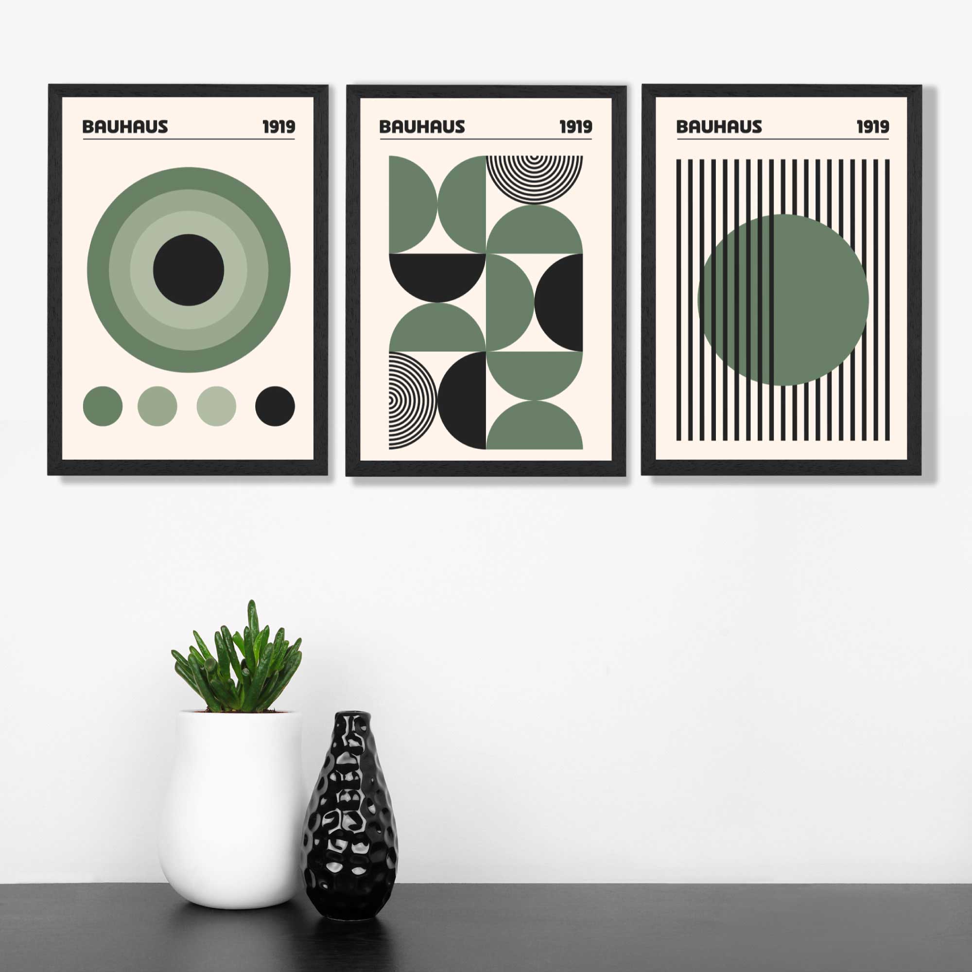 Set of 3 Bauhaus Geometric Circles in Green Art Prints in Black Frames | Artze UK