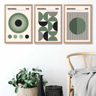Set of 3 Bauhaus Geometric Circles in Green Art Prints in Oak Frames | Artze UK