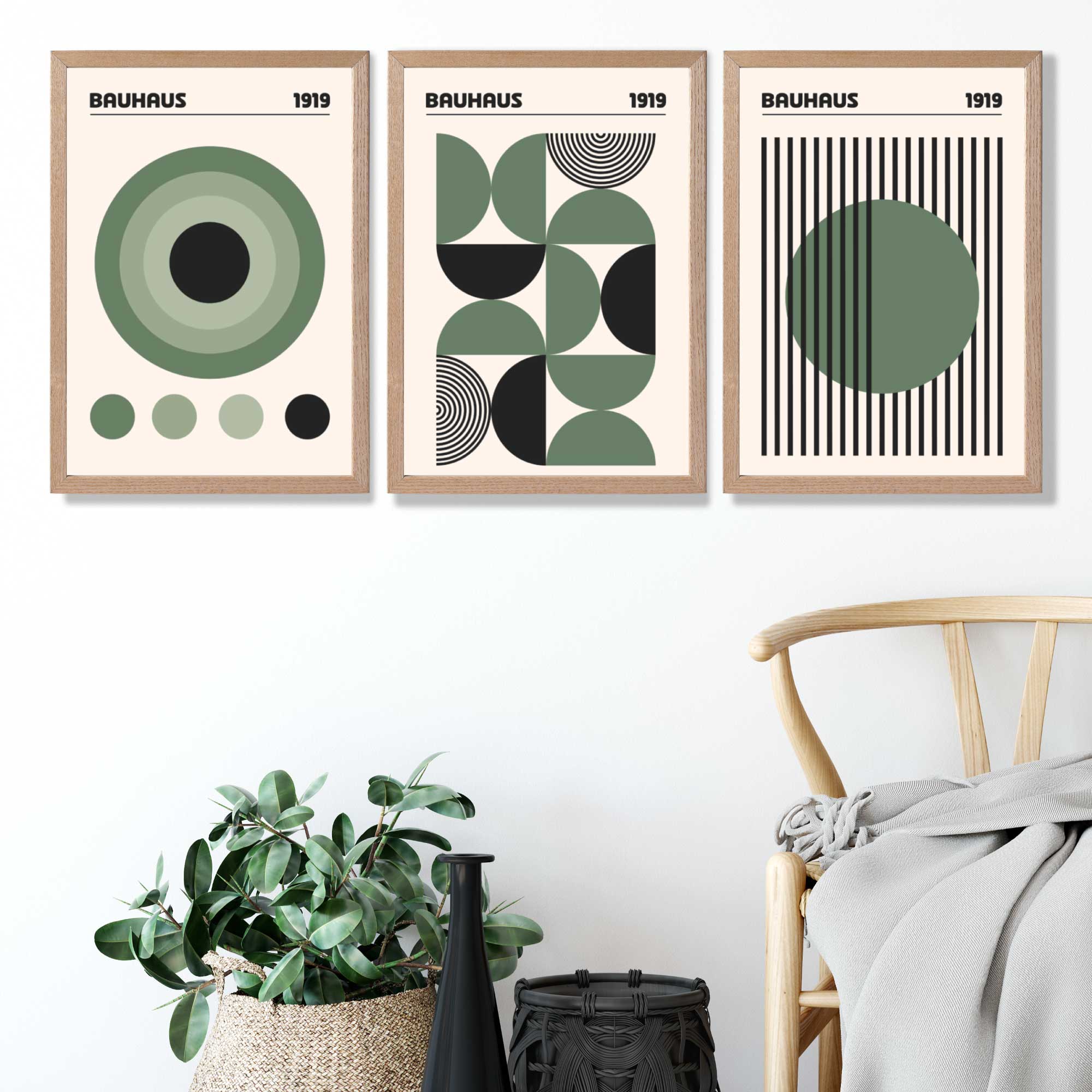 Set of 3 Bauhaus Geometric Circles in Green Art Prints in Oak Frames | Artze UK