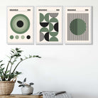 Set of 3 Bauhaus Geometric Circles in Green Art Prints in White Frames | Artze UK