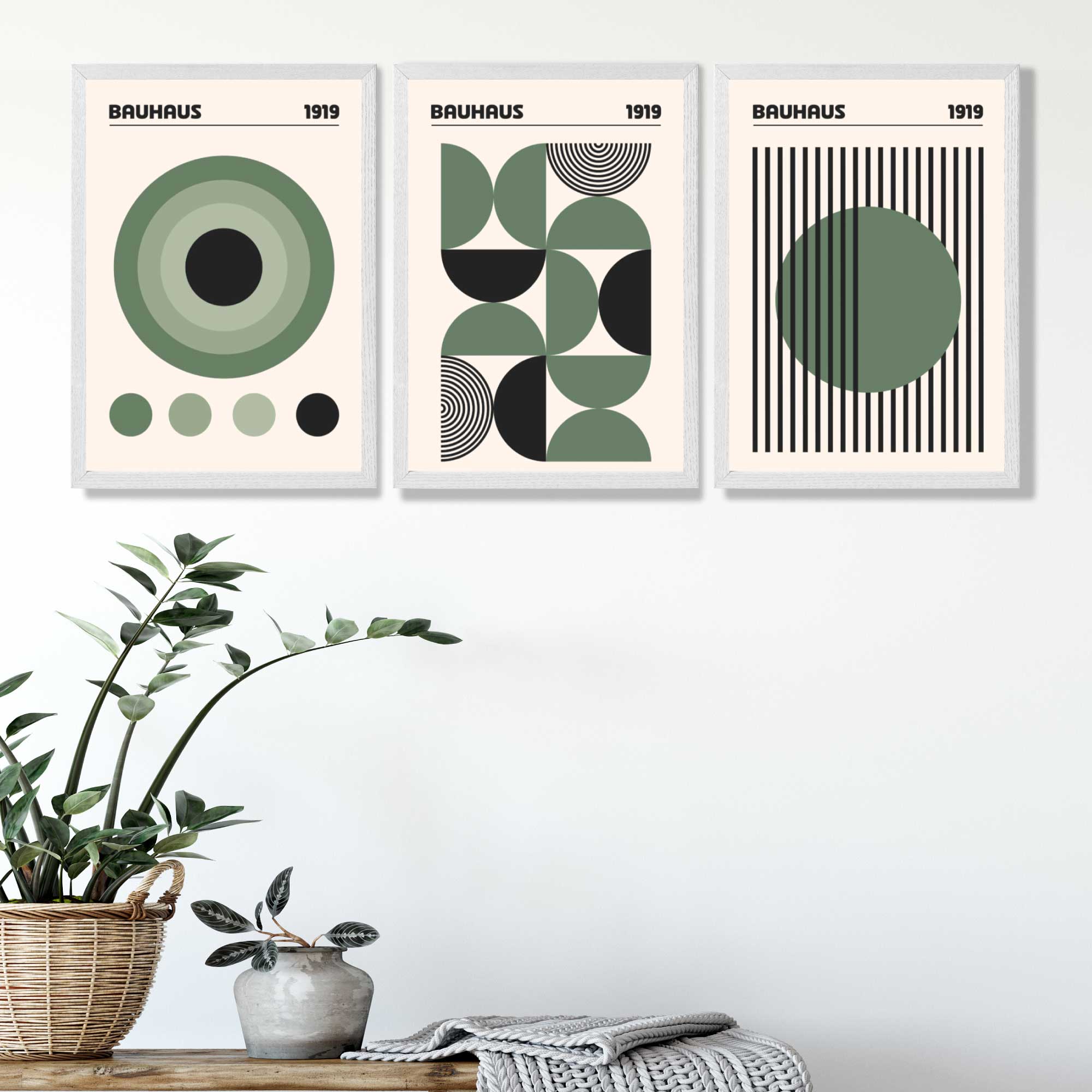 Set of 3 Bauhaus Geometric Circles in Green Art Prints in White Frames | Artze UK