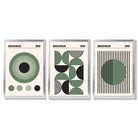 Set of 3 Bauhaus Geometric Circles in Green Framed Art Prints with Silver Wood Frames