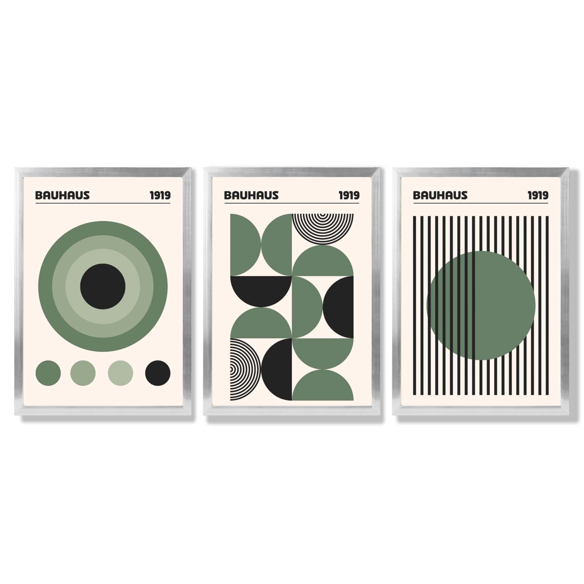 Set of 3 Bauhaus Geometric Circles in Green Framed Art Prints with Silver Wood Frames