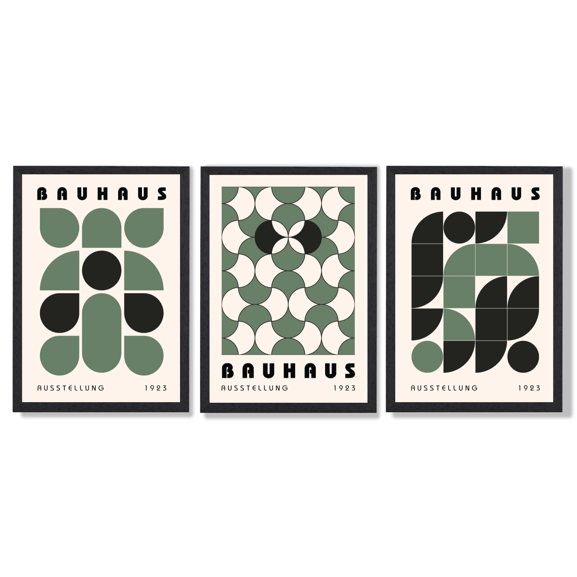 Set of 3 Bauhaus Geometric Shapes in Green Framed Art Prints with Black Wooden Frames