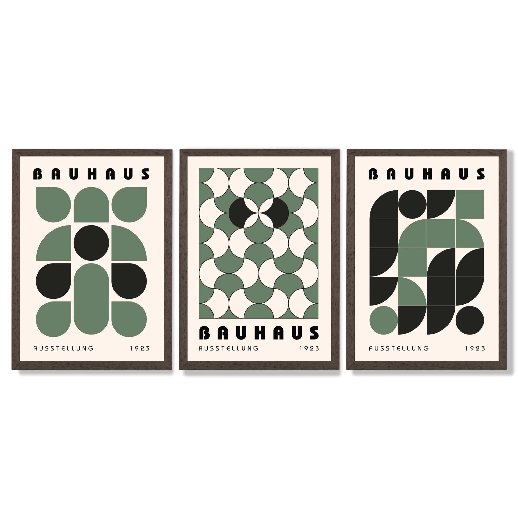 Set of 3 Bauhaus Geometric Shapes in Green Framed Art Prints with Dark Wood Frames