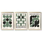 Set of 3 Bauhaus Geometric Shapes in Green Framed Art Prints with Gold Wood Frames