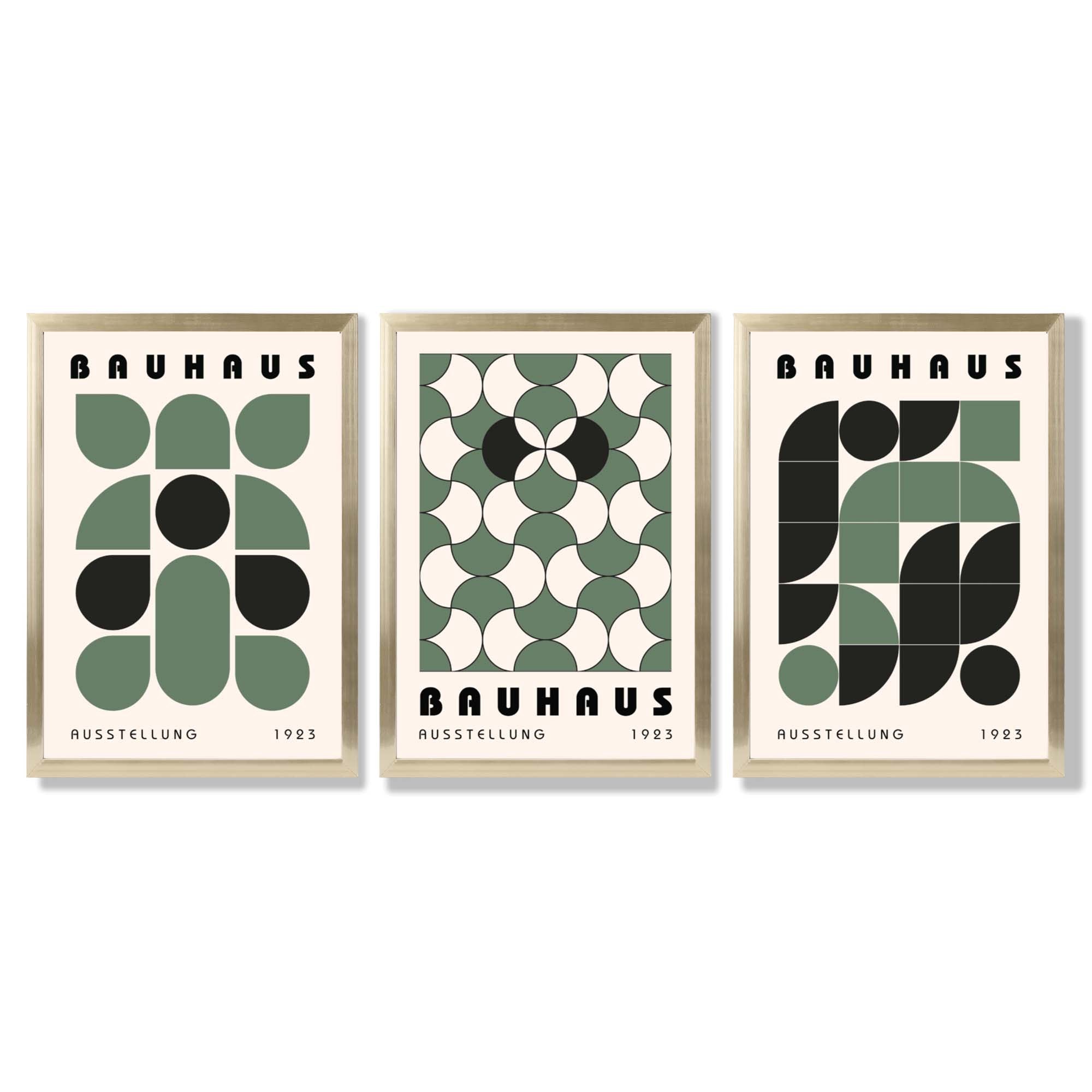 Set of 3 Bauhaus Geometric Shapes in Green Framed Art Prints with Gold Wood Frames