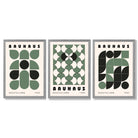 Set of 3 Bauhaus Geometric Shapes in Green Framed Art Prints with Light Grey Wooden Frames