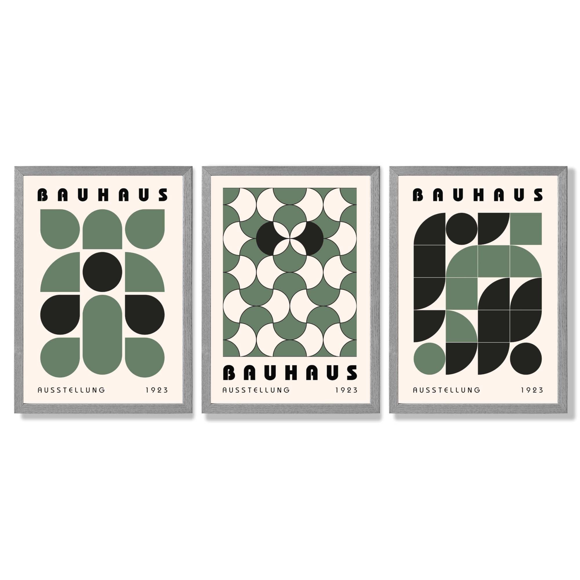 Set of 3 Bauhaus Geometric Shapes in Green Framed Art Prints with Light Grey Wooden Frames