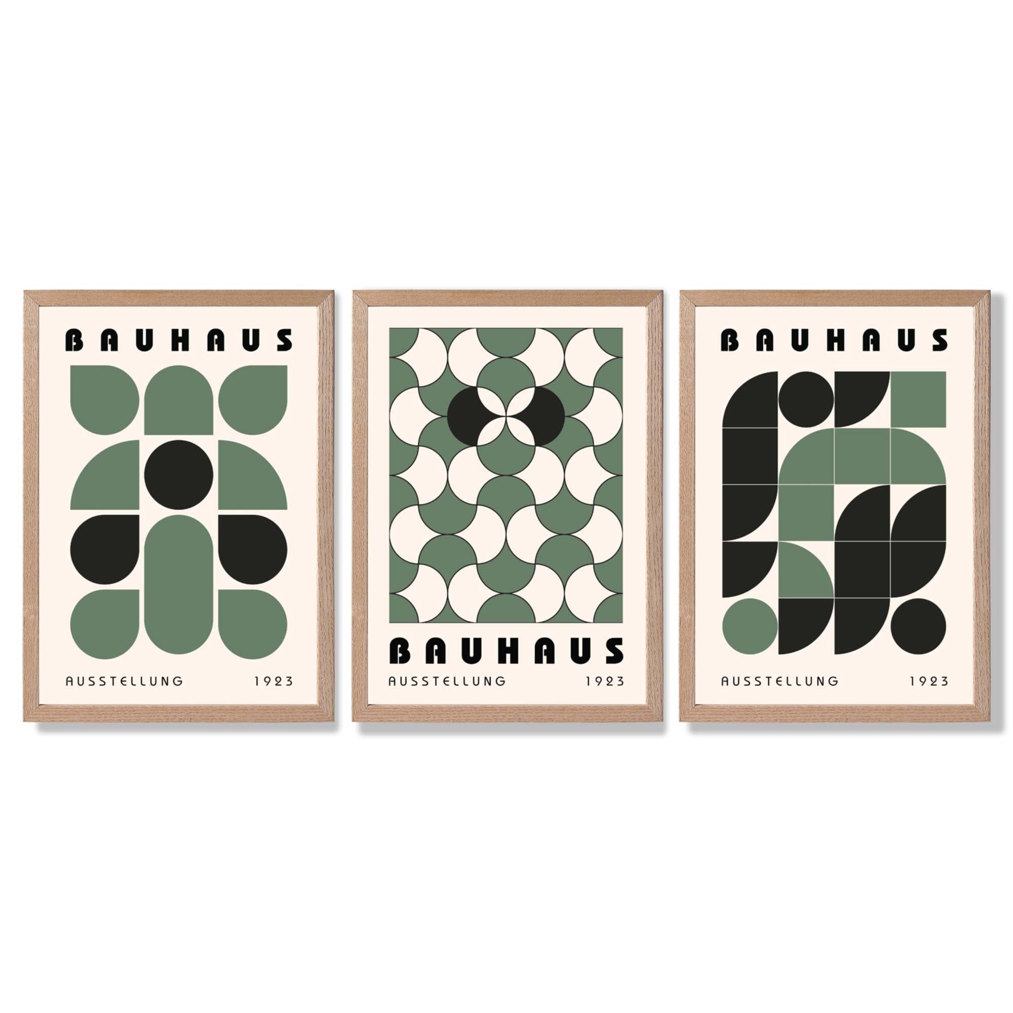 Set of 3 Bauhaus Geometric Shapes in Green Framed Art Prints with Light Oak Frames