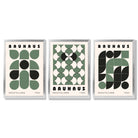 Set of 3 Bauhaus Geometric Shapes in Green Framed Art Prints with Silver Wood Frames
