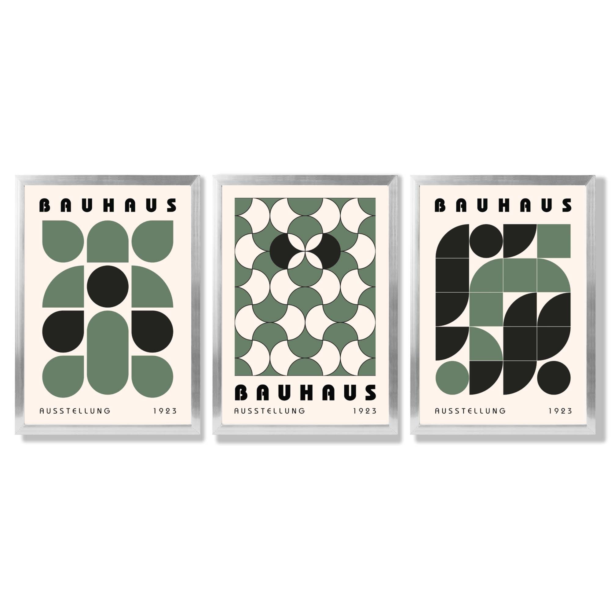 Set of 3 Bauhaus Geometric Shapes in Green Framed Art Prints with Silver Wood Frames