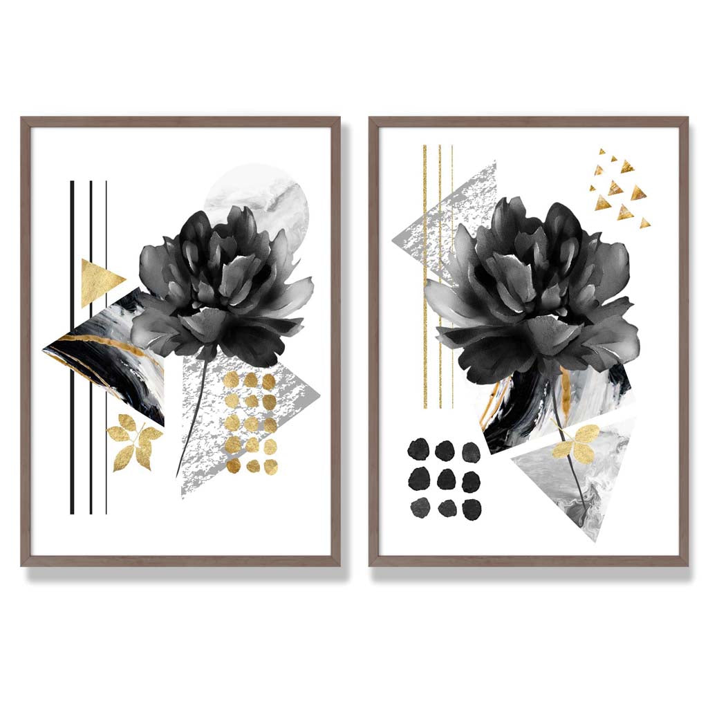 Contemporary Flowers in Black and Gold Set of 2 Art Prints with Walnut Frame