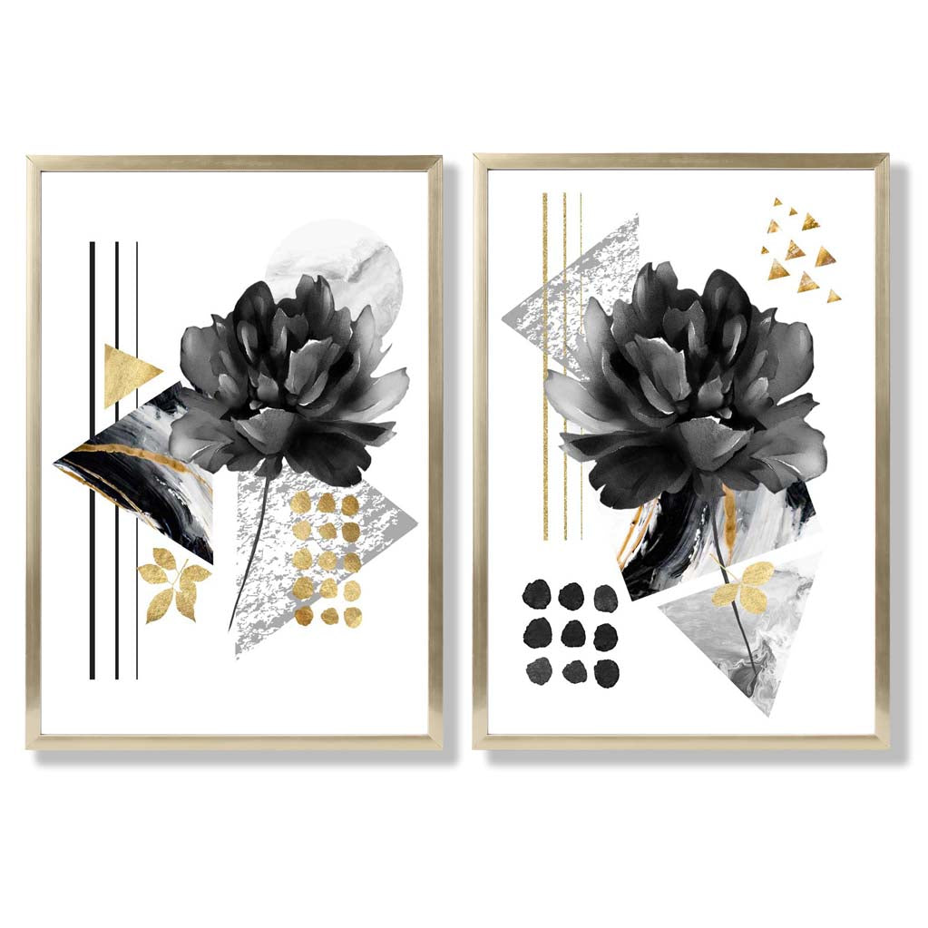 Contemporary Flowers in Black and Gold Set of 2 Art Prints with Gold Frame