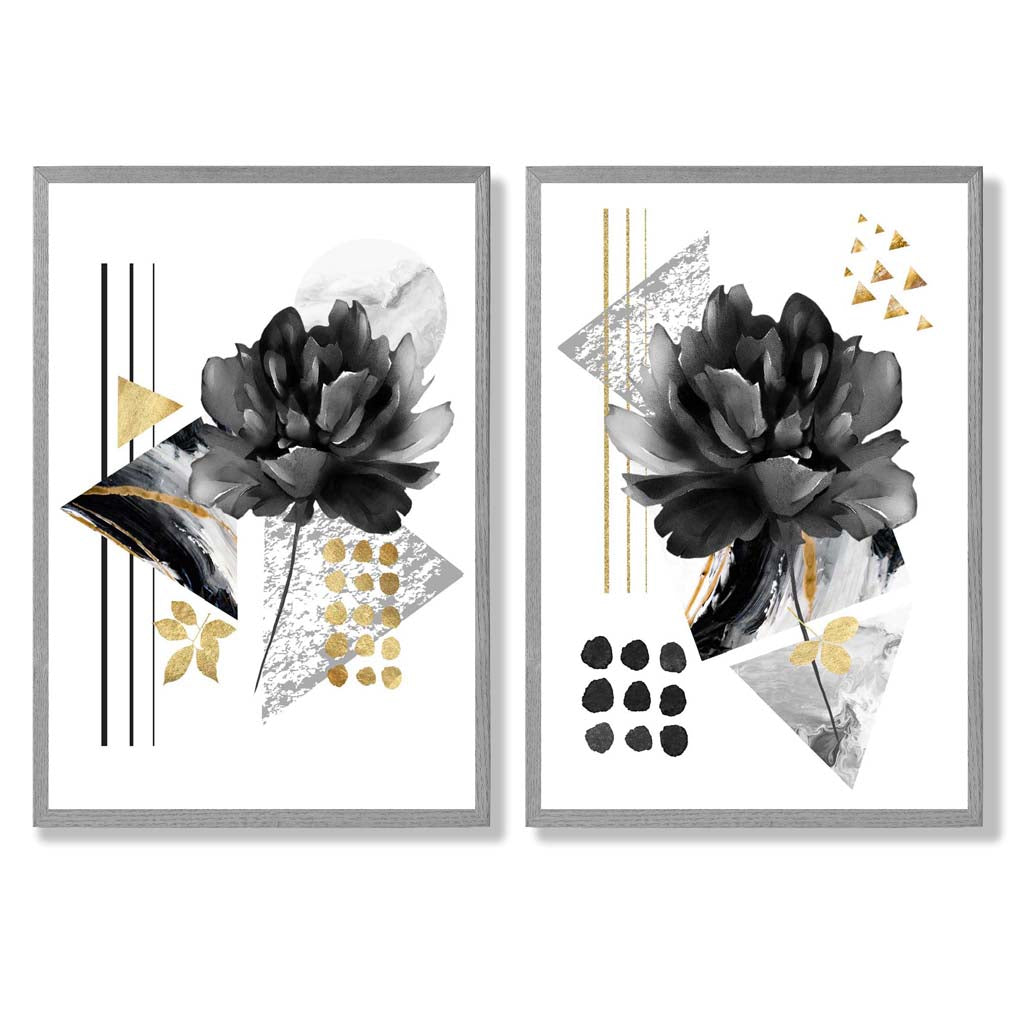Contemporary Flowers in Black and Gold Set of 2 Art Prints with Light Grey Frame