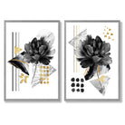 Contemporary Flowers in Black and Gold Set of 2 Art Prints with Light Grey Frame