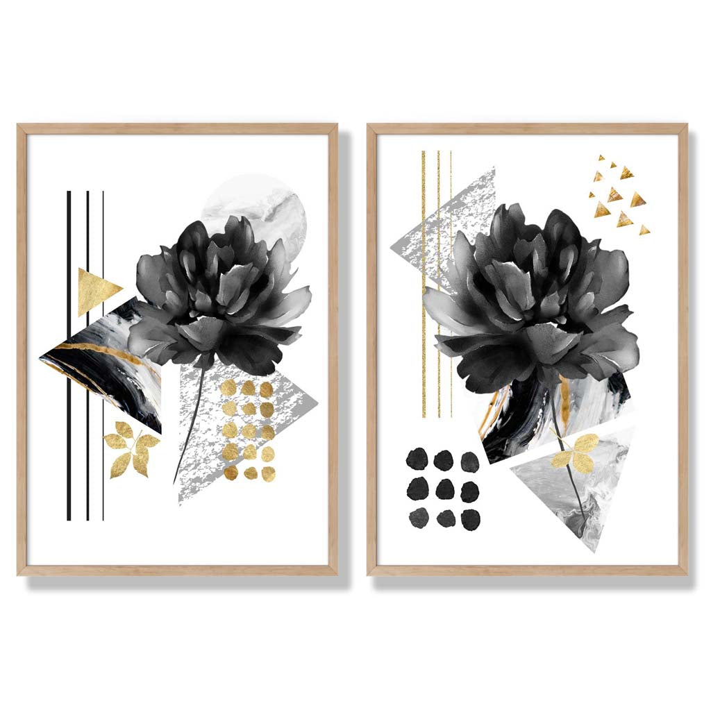 Contemporary Flowers in Black and Gold Set of 2 Art Prints with Oak Frame