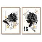 Contemporary Flowers in Black and Gold Set of 2 Art Prints with Oak Frame