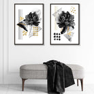 Set of 2 Contemporary Flowers in Black and Gold Prints | Artze Wall Art UK