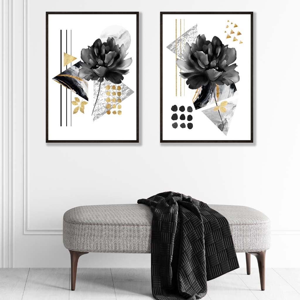 Contemporary Flowers in Black and Gold Posters | Artze Wall Art UK