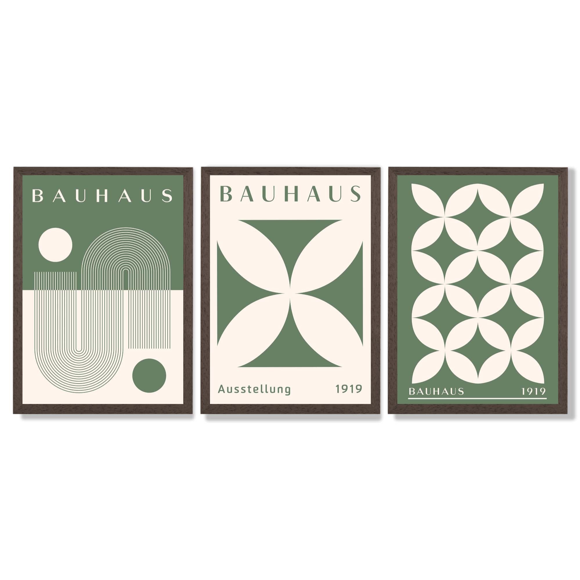Bauhaus Green Modern Leaves Set of 3 Framed Art Prints with Dark Wood Frames