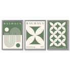 Bauhaus Green Modern Leaves Set of 3 Framed Art Prints with Light Grey Wooden Frames