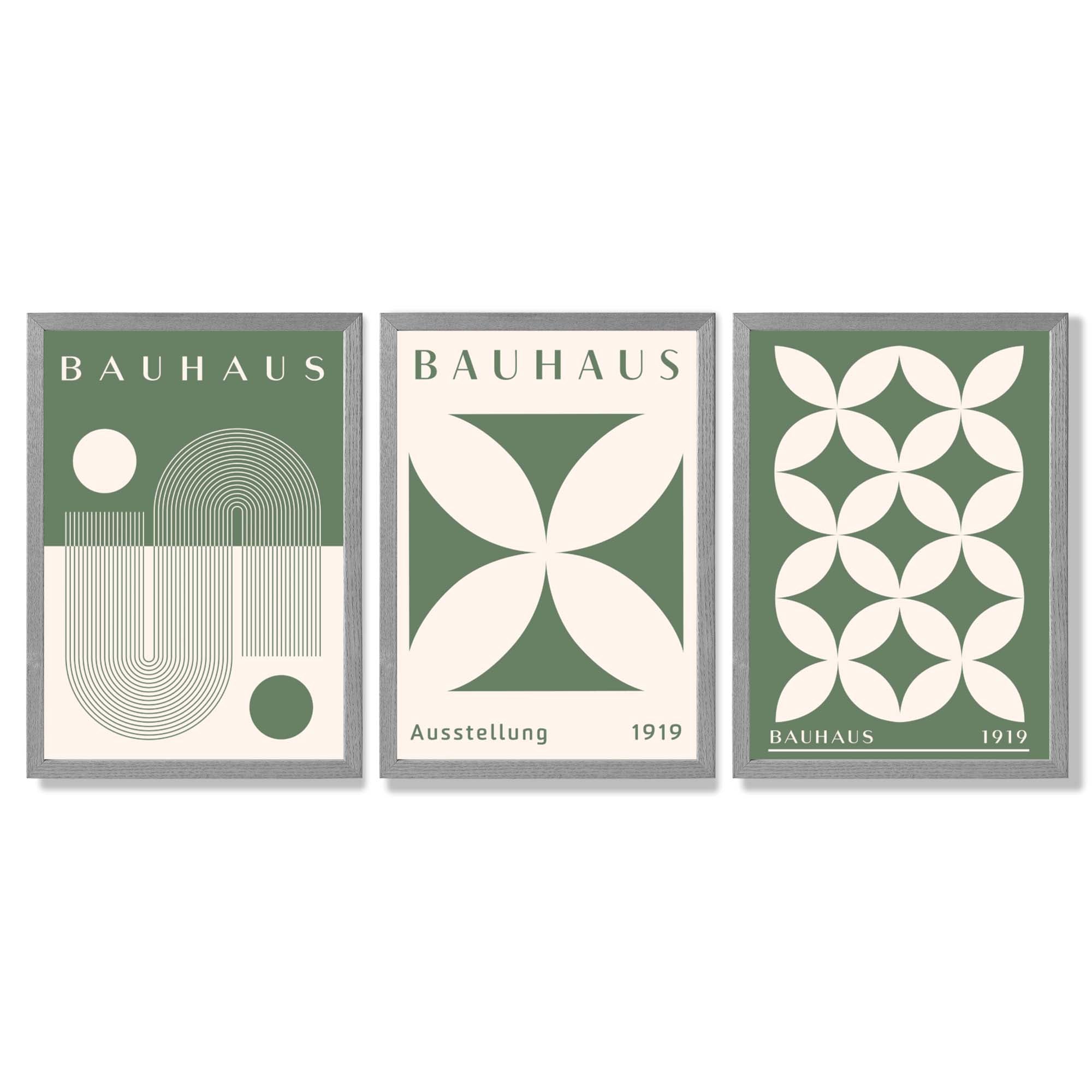 Bauhaus Green Modern Leaves Set of 3 Framed Art Prints with Light Grey Wooden Frames