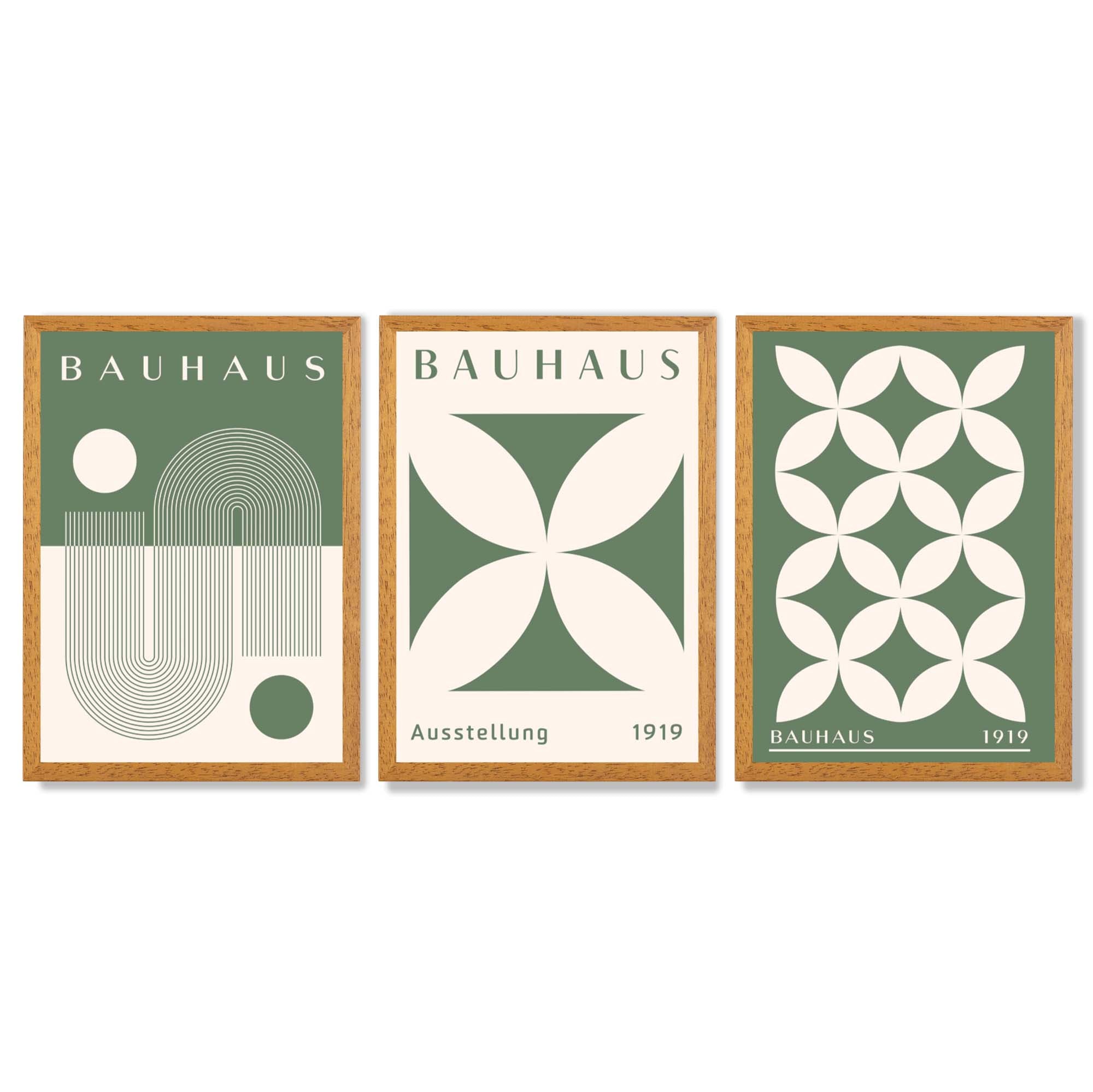 Bauhaus Green Modern Leaves Set of 3 Framed Art Prints with Oak Wooden Frames