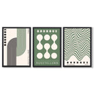 Bauhaus Green Modern Set of 3 Framed Art Prints with Black Wooden Frames
