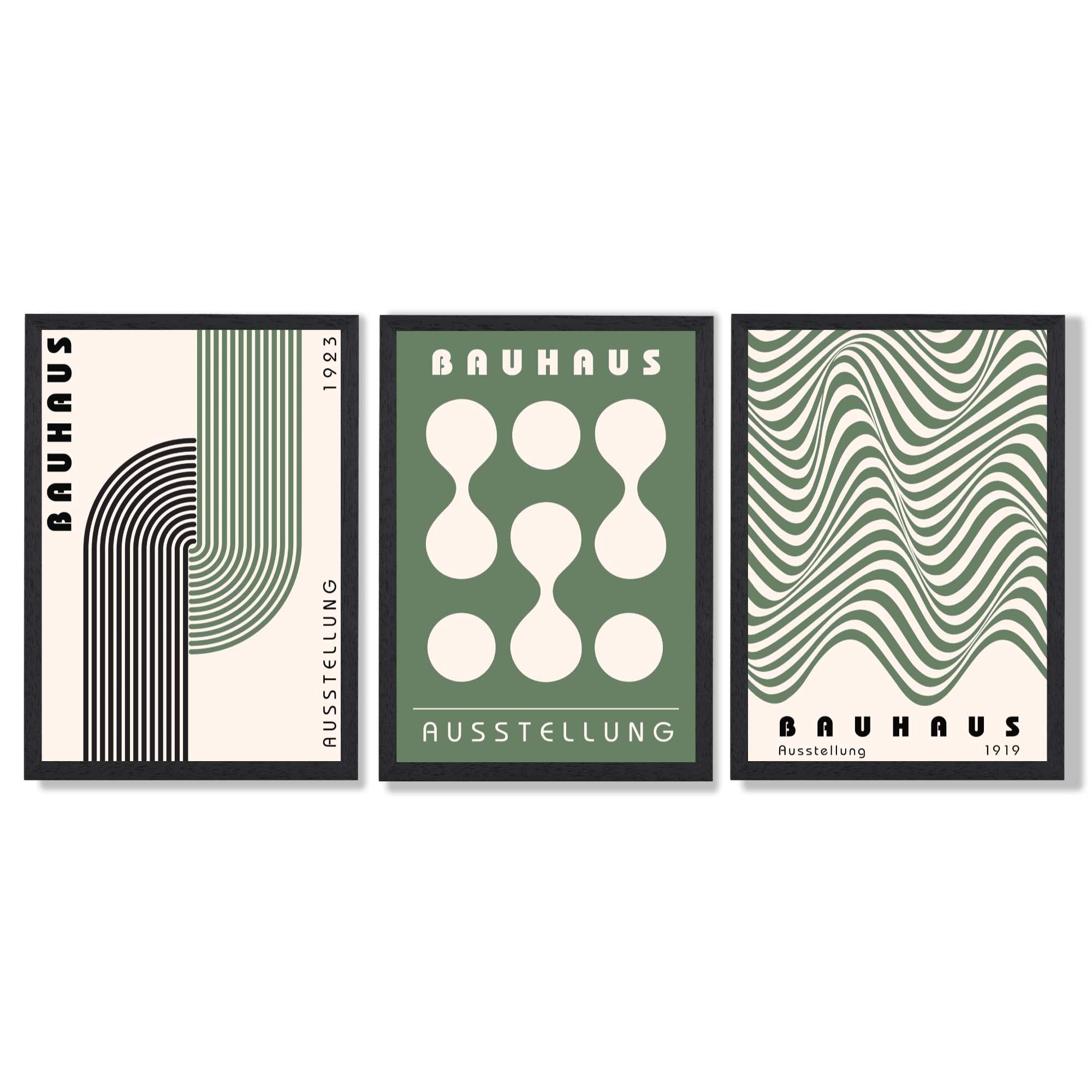 Bauhaus Green Modern Set of 3 Framed Art Prints with Black Wooden Frames