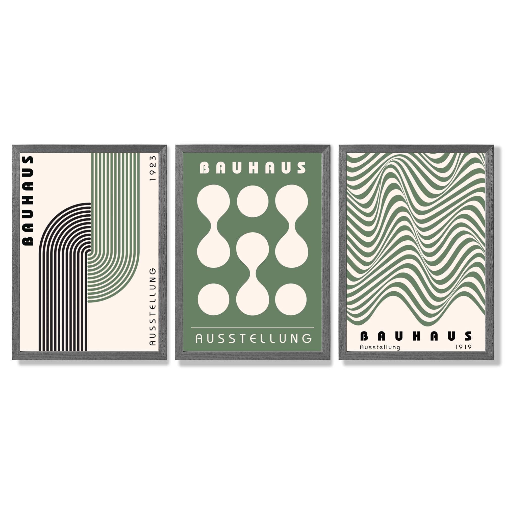 Bauhaus Green Modern Set of 3 Framed Art Prints with Dark Grey Wooden Frames