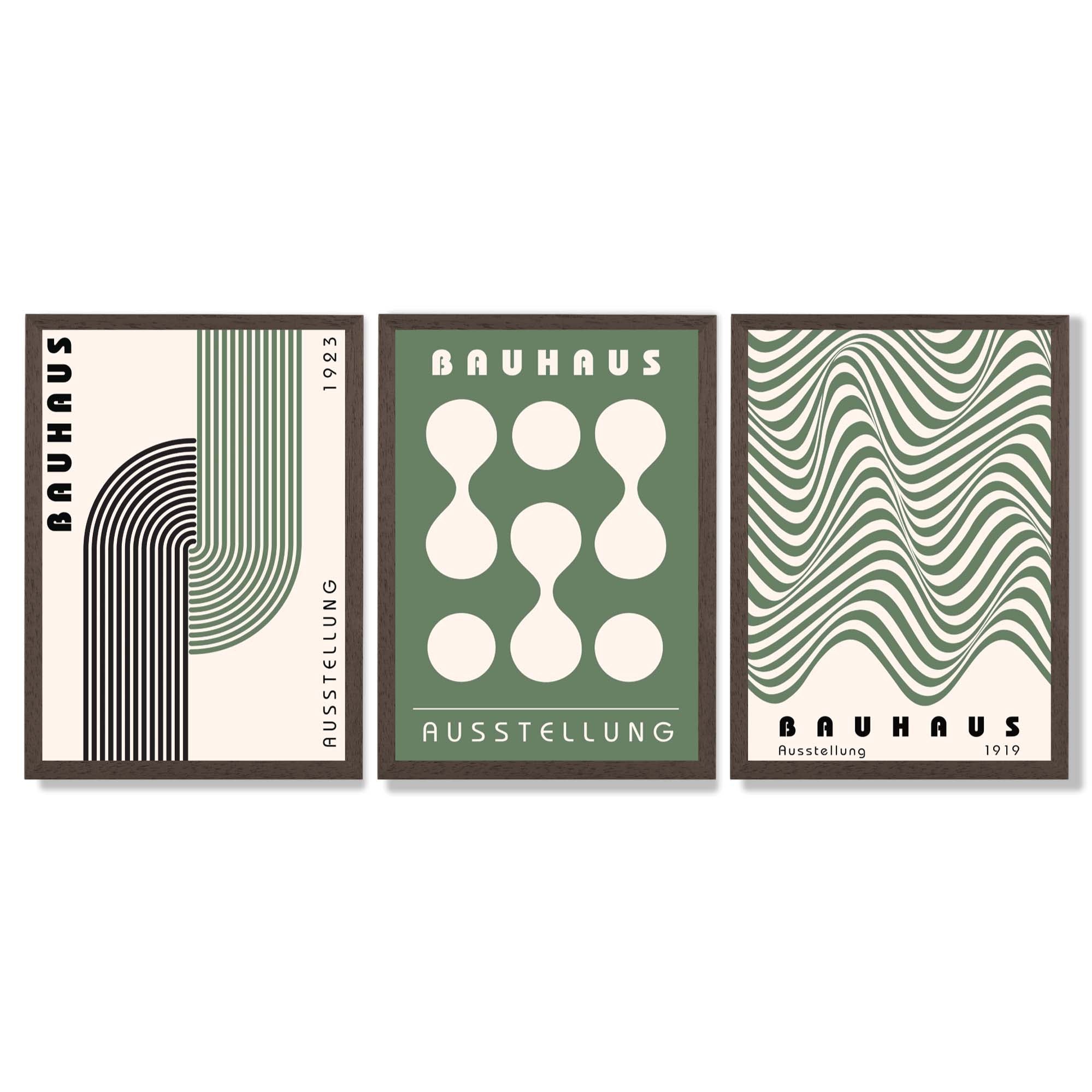 Bauhaus Green Modern Set of 3 Framed Art Prints with Dark Wood Frames
