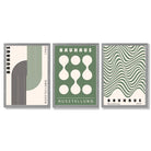 Bauhaus Green Modern Set of 3 Framed Art Prints with Light Grey Wooden Frames