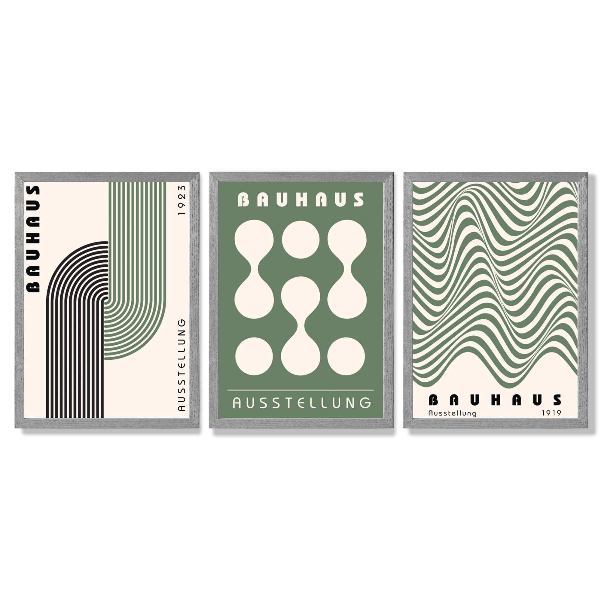 Bauhaus Green Modern Set of 3 Framed Art Prints with Light Grey Wooden Frames