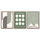 Bauhaus Green Modern Set of 3 Framed Art Prints with Light Walnut Frames