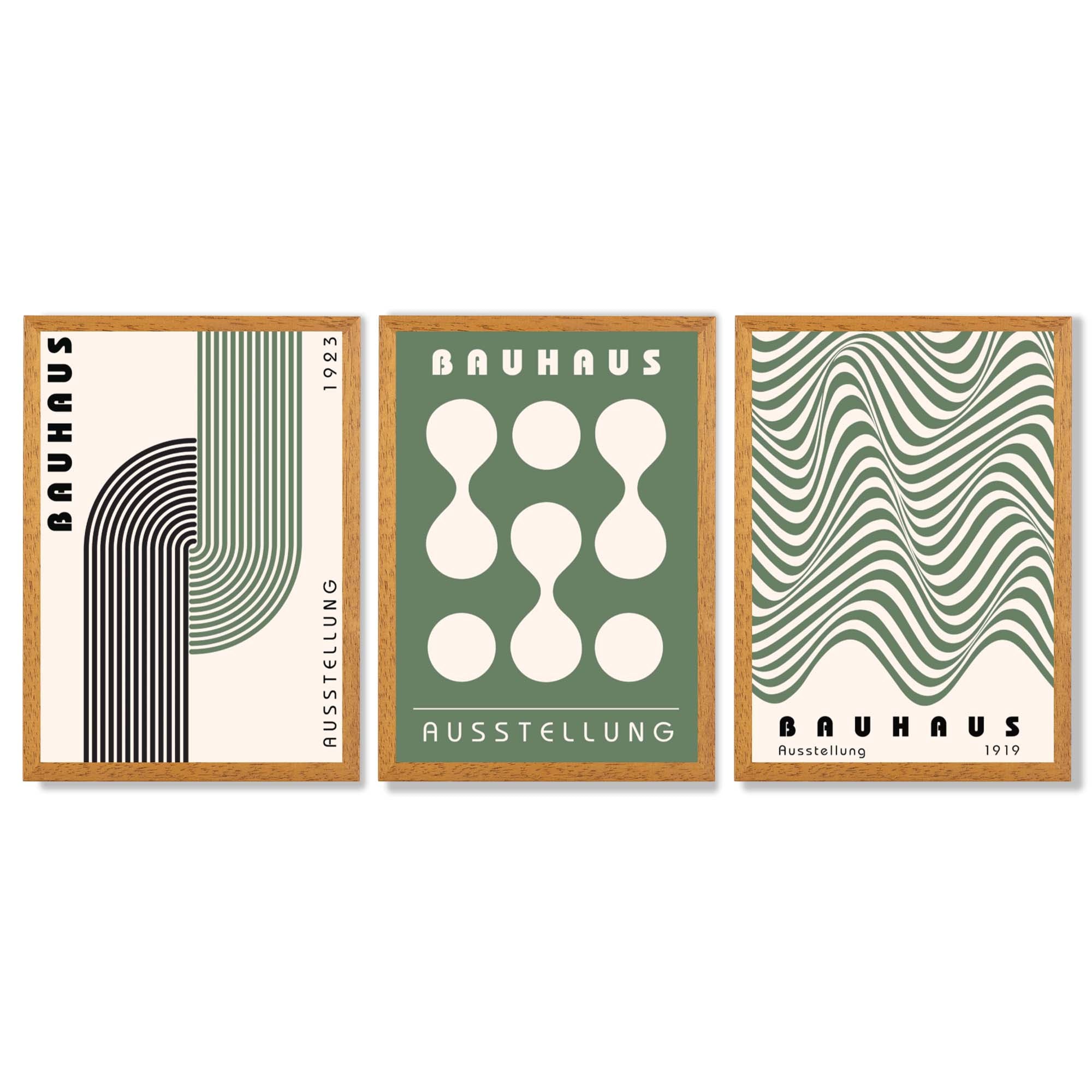 Bauhaus Green Modern Set of 3 Framed Art Prints with Oak Wooden Frames