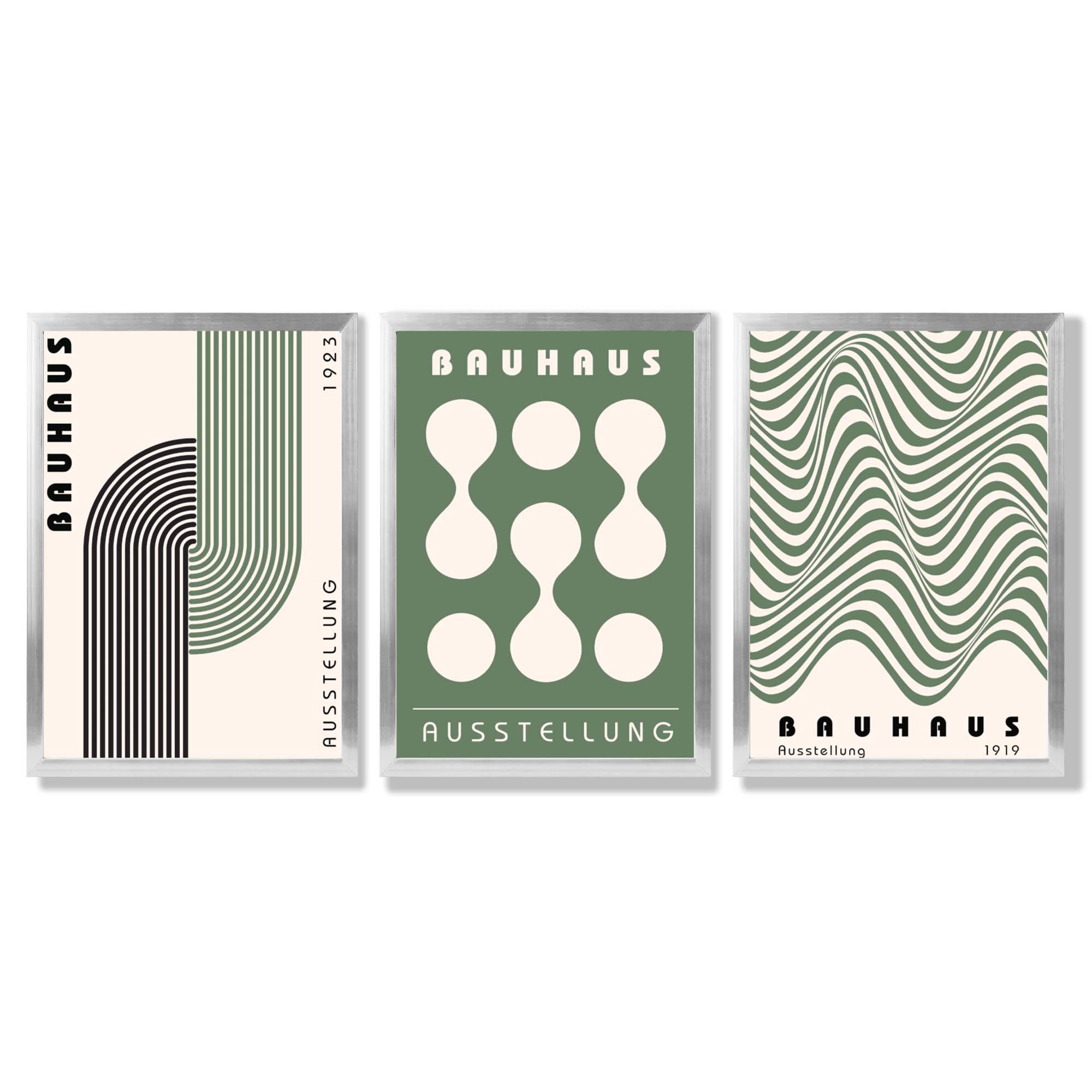 Bauhaus Green Modern Set of 3 Framed Art Prints with Silver Wood Frames